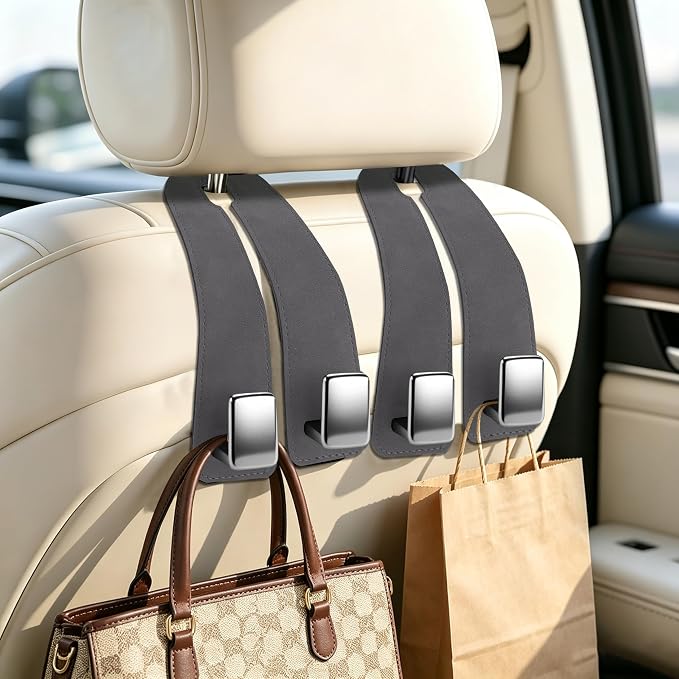 Car Headrest Hooks, Premium Suede with Metal Car Seat Back Storage Hooks for Handbag Coats Umbrella Backpack - 4 Pack, Gray