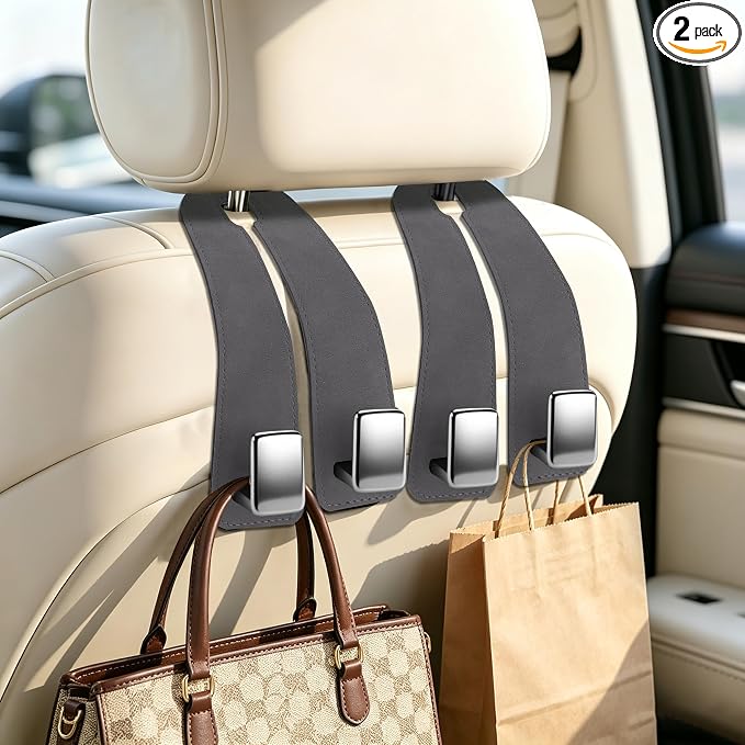 Car Headrest Hooks, Premium Suede with Metal Car Seat Back Storage Hooks for Handbag Coats Umbrella Backpack - 2 Pack, Gray