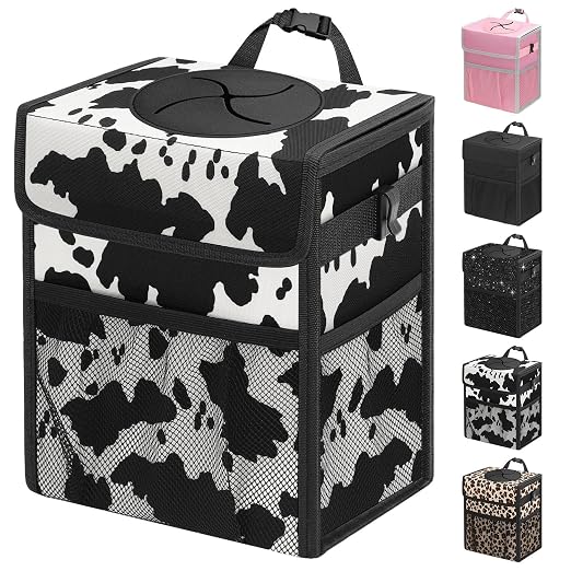 Car Trash Can with Lid, Leakproof Car Trash Bag Hanging Waterproof Automotive Garbage Can with Storage Pockets Mini Vehicle Trash Bin for Back/Front Seat(Cow Print,2.5 Gallon)