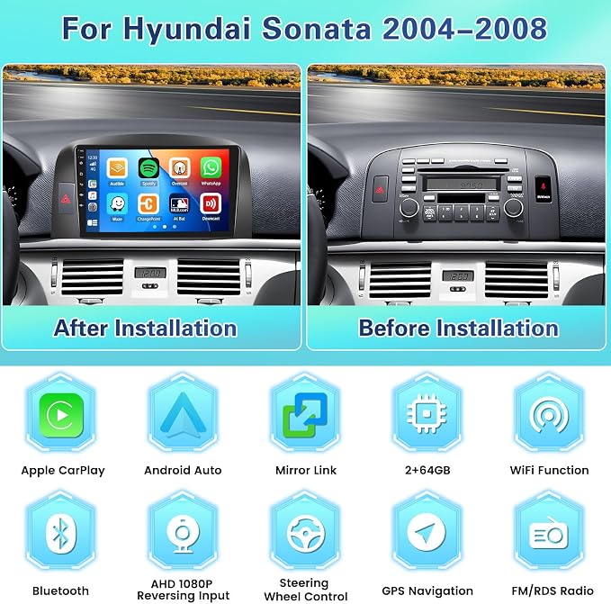 2+64GB Android Car Stereo for Hyundai Sonata 2004-2008 Wireless Carplay Android Auto, 9 Inch Touchscreen Car Radio GPS Navi WiFi Bluetooth Backup Camera FM RDS Radio EQ SWC