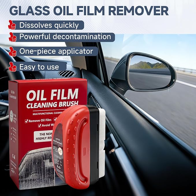 Oil Film Cleaning Brush for Car Windows Upgrade Clear Vision Car Glass Cleaner | Improves Crystal Clarity and Anti-Fog, Windshield Oil Film Remover Comes with Microfiber Towel for Car & Home Use (Red)