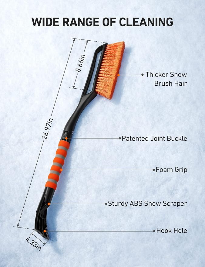 2 Pack 27" Snow Brush and Ice Scrapers for Car Windshield, Detachable Snow Scrapers with Ergonomic Foam Grip for Cars, Trucks, SUVs (Heavy Duty ABS, PVC Brush, Orange)