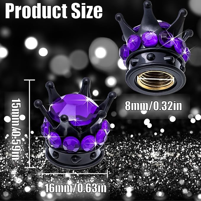 4PCS Crown Bling Tire Stem Valve Caps, Crystal Diamond Car Wheel Tire Valve Caps Universal Copper Core Stem Covers for Cars, SUV, Trucks, Bikes, Motorcycles, Bicycles (Black & Purple)