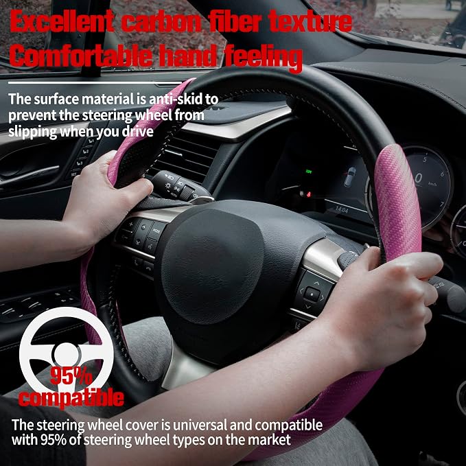 2pcs Carbon Fiber Anti-Skid Steering Wheel Cover, Waterproof & Segmented Butterfly Design, Universal 99% Vehicle Wheel Cover Protector, Car Interior Accessories (Pink-2pcs)