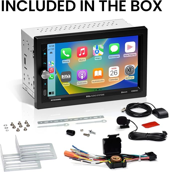 BV9358B Car Stereo – Wireless CarPlay Android Auto, Double Din, 7 Inch Touchscreen, Bluetooth, NO CD DVD Player, AM/FM Radio Receiver, A/V Input, USB
