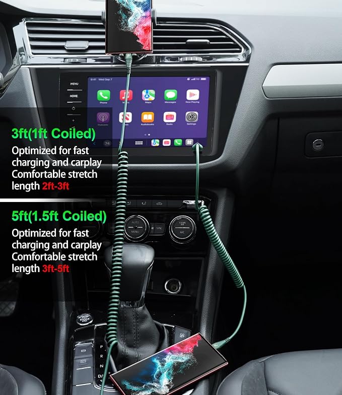 USB C Cable Fast Charging 60W 3FT/5FT, Coiled USB A to USB C Cable for Car, iPhone USB C Cable USB to Type C Charging for iPhone 17/16/15 Pro Max/Samsung Galaxy S20 S10 and More USB C Devices-Green