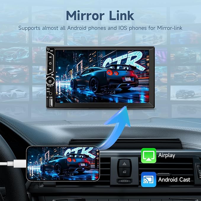 7inch Car Stereo Double Din Radio Touchscreen with Backup Camera Multimedia Car Audio Support Mirror Link, Bluetooth Caller ID, FM/MP3/MP4/USB/Subwoofer,Aux Input Car Audio Receivers