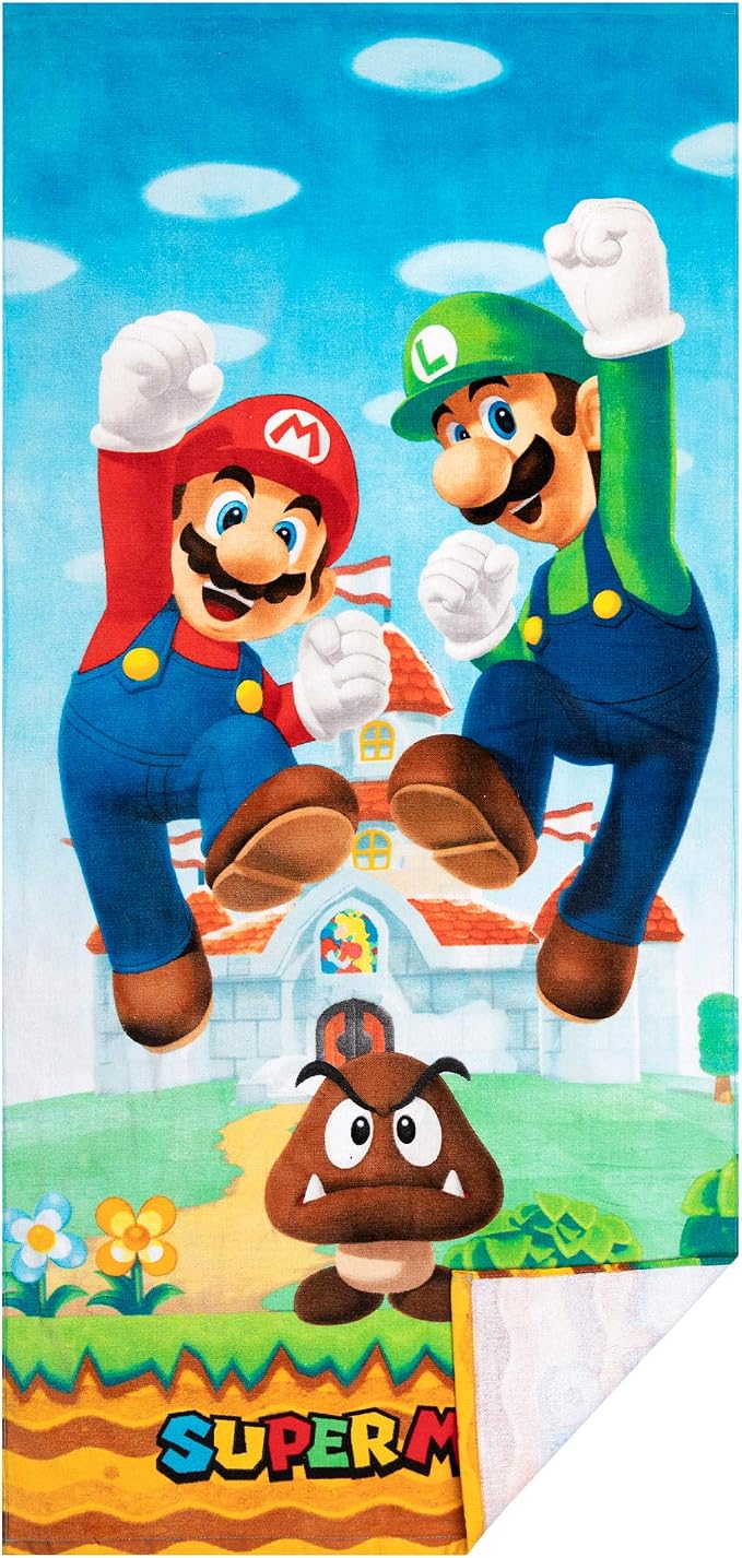 Super Mario Official Nintendo Kids Super Soft Cotton Bath/Pool/Beach Towel,58 in x 28 in,(Pack of 2)