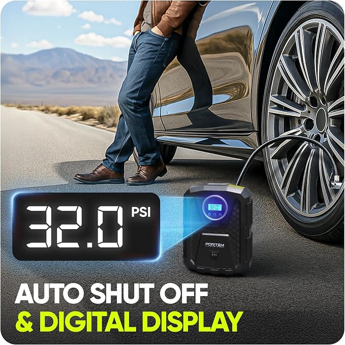 Tire Inflator Portable Air Compressor, Air Pump for Car Tires and Bikes, Car Tire Pump w/Auto Shut Off, 150 PSI, 12V DC, LED Light, Carrying Case, Perfect For Men, Women