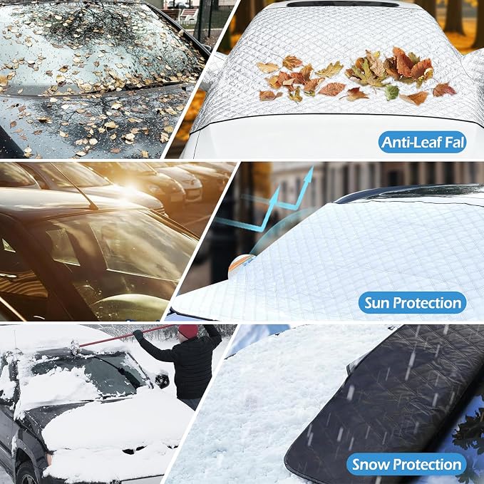 Car Sun Shade Windshield Cover, UV Rays & Heat Reflector for Summer, 9-Magnet Windproof Exterior Car Cover with Mirror Protection, Antifreeze Snow Cover for All Seasons