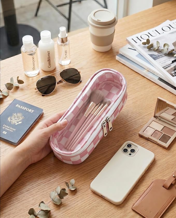 Preppy Checkered Clear Travel Makeup Brush Holder,Pink and Beige Checkered Makeup Brush Toiletry Bag, Portable Cosmetic Brush Case,Transparent Waterproof Makeup Brush Storage Bag