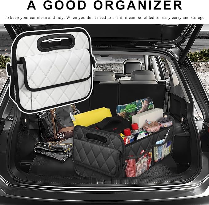 Car Trunk Organizer, Collapsible Auto Storage Box with Multi Pockets, Waterproof Oxford Cargo Organizer with Reinforced Handles, Universal Car Accessories for Men Women (White)