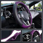 D Shaped Steering Wheel Cover for 14.5-15 inch Flat Bottom Wheels, Breathable Perforated Microfiber Leather, Anti-Slip Grip, Universal Fit for Cars & SUVs, Black and Dawn Purple