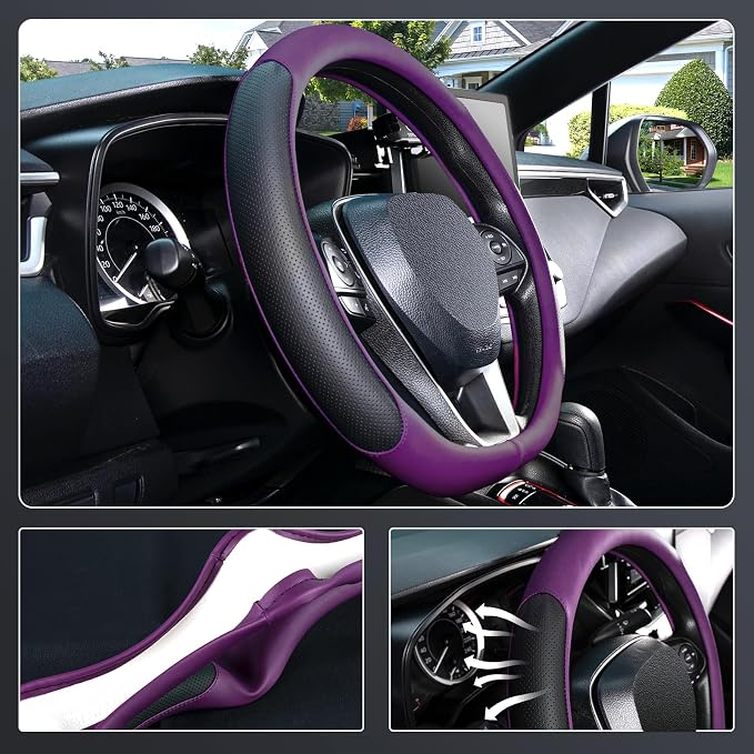 D Shaped Steering Wheel Cover for 14.5-15 inch Flat Bottom Wheels, Breathable Perforated Microfiber Leather, Anti-Slip Grip, Universal Fit for Cars & SUVs, Black and Dawn Purple