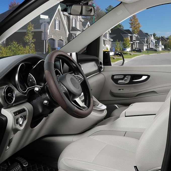 Steering Wheel Cover for Car, Standard Size 14.5-15 inch, Auto Interior Accessories, Black and Dark Brown