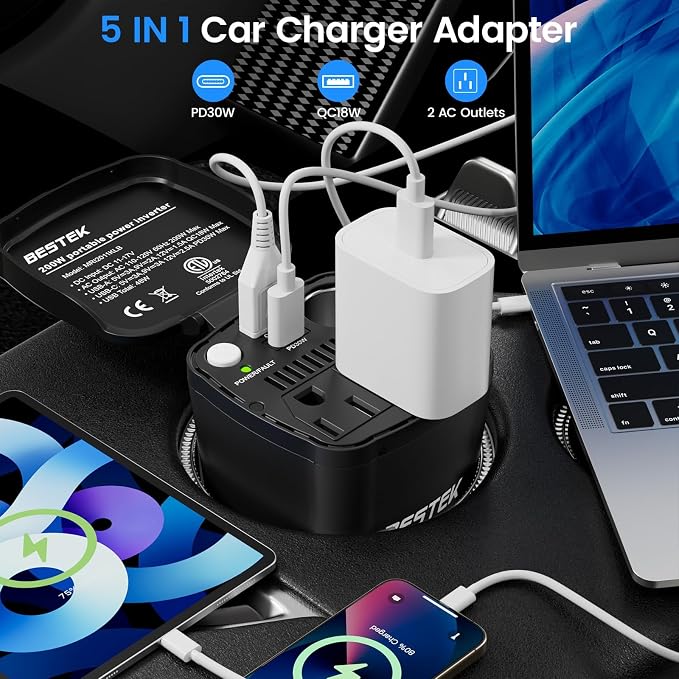 200W Power Inverter, 12V DC to 110V AC Car Plug Adapter Outlet Converter with [30W USB-C]/USB-Fast Charger(18W) / Dual AC Outlets/car Charger for Laptop