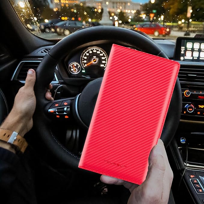 Car Registration and Insurance Card Holder, Vehicle License Document Glove Box Compartment Organizer, Interior Car Accessories for Women Men (Carbon Red)