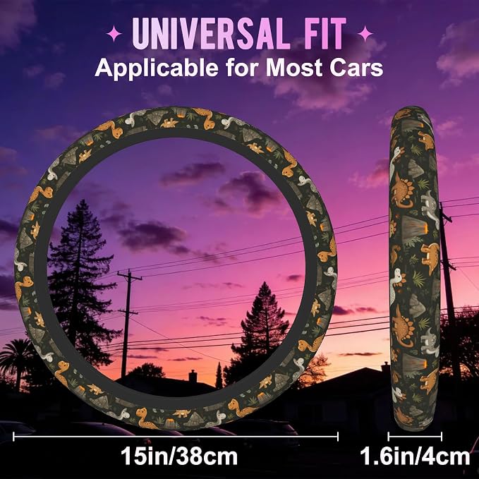 Cartoon Dinosaur Volcano Steering Wheel Cover for Women Men Neoprene Breathable Wheel Cover Protector Anti-Slip Car Accessories Universal 15 Inch Fit for Cars Trucks Vehicles