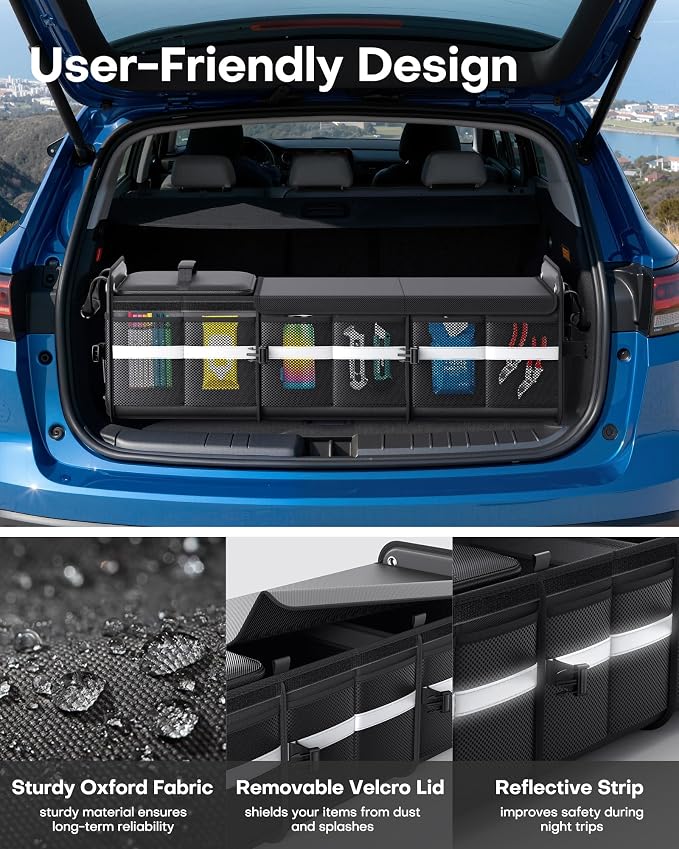 Trunk Organizer - 3-Compartment Car Organizer and Storage with Cooler Bag, Foldable Car Storage Organizer for SUV with Handles & Strap for Shopping, Picnic, 37.0" x 14.6" x 12.0", Black