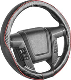 Car Steering Wheel Cover Large-Size for F150 F250 F350 Ram 4Runner Tacoma Tundra Range Rover with 15 1/2"-16" Outer Diameter Leather with Carbon Fiber Pattern Black and Red