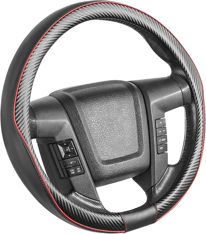 Car Steering Wheel Cover Large-Size for F150 F250 F350 Ram 4Runner Tacoma Tundra Range Rover with 15 1/2"-16" Outer Diameter Leather with Carbon Fiber Pattern Black and Red