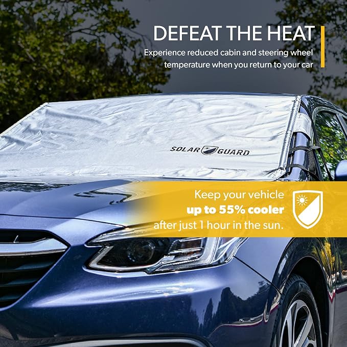 SolarGuard Plus Sunshade for Car Windshield - Reflective Car Shades for Windshield, Blocks Damaging UV Rays - for Use on Front Window Exterior, Includes Security Flaps - Silver, Standard Size