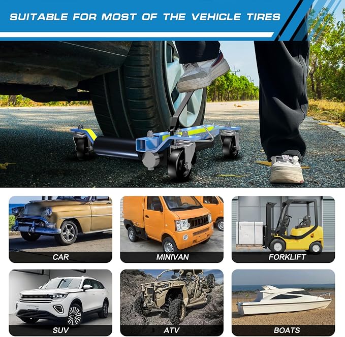 Car Dolly Set of 2,Capacity 1500LBS Hydraulic Car Wheel Dolly Jack with Foot Pedal and Steel Rollers,Wheel Dolly Jack with Unique Reflective Tape,for Tire Repairing,Vehicle Moving