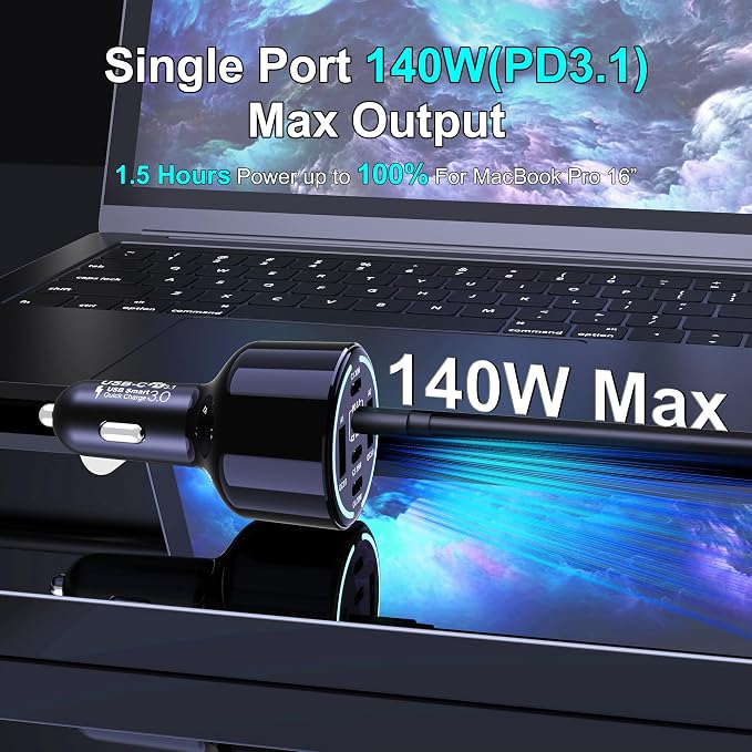 CHIPOFY 300W USB C Car Charger, 6 Ports (4 USB C + 2 USB A) - PD3.1 140W PPS 45W QC 60W Super Fast Charging Car Adapter for MacBook Laptop, iPhone 16 15 Pro Max, iPad, Galaxy S24/S23 Ultra etc