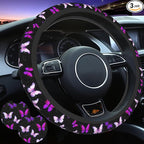 Butterfly Purple Steering Wheel Cover Set + Butterflies 2 Car Coasters | Cute Fashion Car Accessories, Breathable Anti-Slip, Universal 14-15 Inch, Neoprene Coasters, Gift for Women Men