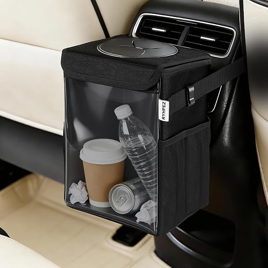 Car Trash Can with See Through Window, Clear Black Multipurpose Car Organizer Storage with Removable Liner, Leakproof Car Garbage Container for Vehicles, SUV, Truck (2.1Gallon/8L)
