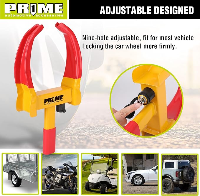 PR1ME Heavy Duty Wheel Lock Clamp with 2 Keys, Universal Anti Theft Trailer Wheel Lock for Cars SUV RV ATV Motorcycles &Golf Cart,High-Strength Carbon Steel with Soft PVC Coating,Fits 7" to 10.6" Tire