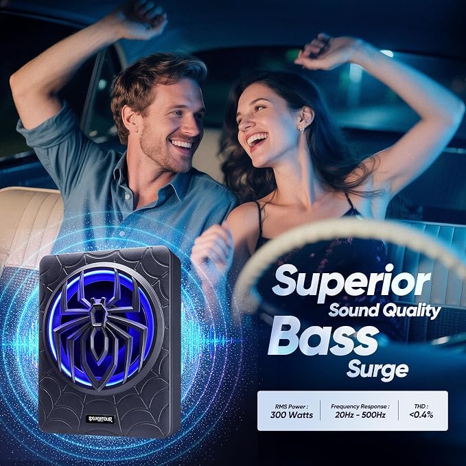 10" 1200W Slim Under Seat Powered Car Subwoofer, Car/Truck Audio Sub Built in Amplifier amp Combo, with RGB LED Light (Subwoofer + Mounting Wire Kit)
