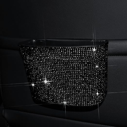 Car Trash Can, Hanging Trash Bin, Leakproof Garbage Organizer, Bling Vehicle Waste Basket, Mini Dustbin Container with Clip for Car, Office, Kitchen, Bedroom, Home and More, Black, Small
