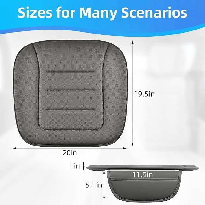 Car Seat Cushion, Comfort Memory Foam Car Cushions for Driving, Breathable Leather Surface with Anti Slip Rubber Bottom, Seat Cushion for Car and Office Chair (1 Pack, Grey)