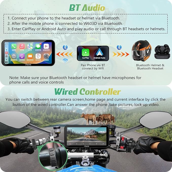 Carpuride W603D Motorcycle GPS Carplay Screen, Wireless CarPlay & Android Auto for Moto, with HD 1080P Dual Cameras, Remote Control，6.3" Waterproof Touchscreen, BT Aduio, Loop