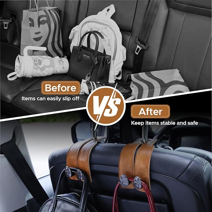 2PCS Leather Car Seat Hooks for Headrest, Vehicle Hanger Storage Organizer Universal for Handbag Purse, Car Accessories Gift (Brown-Black)