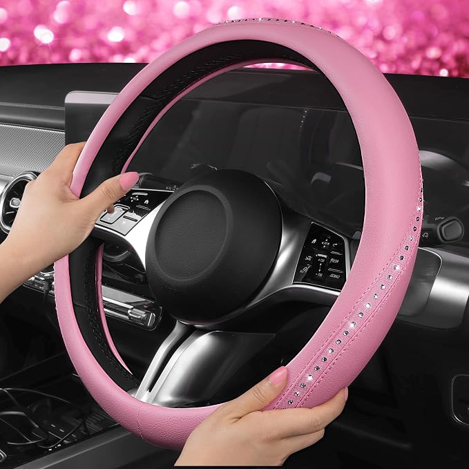 Bling Diamond Pink Leather Steering Wheel Cover, Studded Shining Rhinestones Universal Fit 14" 1/2-15" Glitter Sparkly Crystal Fit for Women Girl SUV,Vans,Sedans,Car,Trucks, Pink Diamond