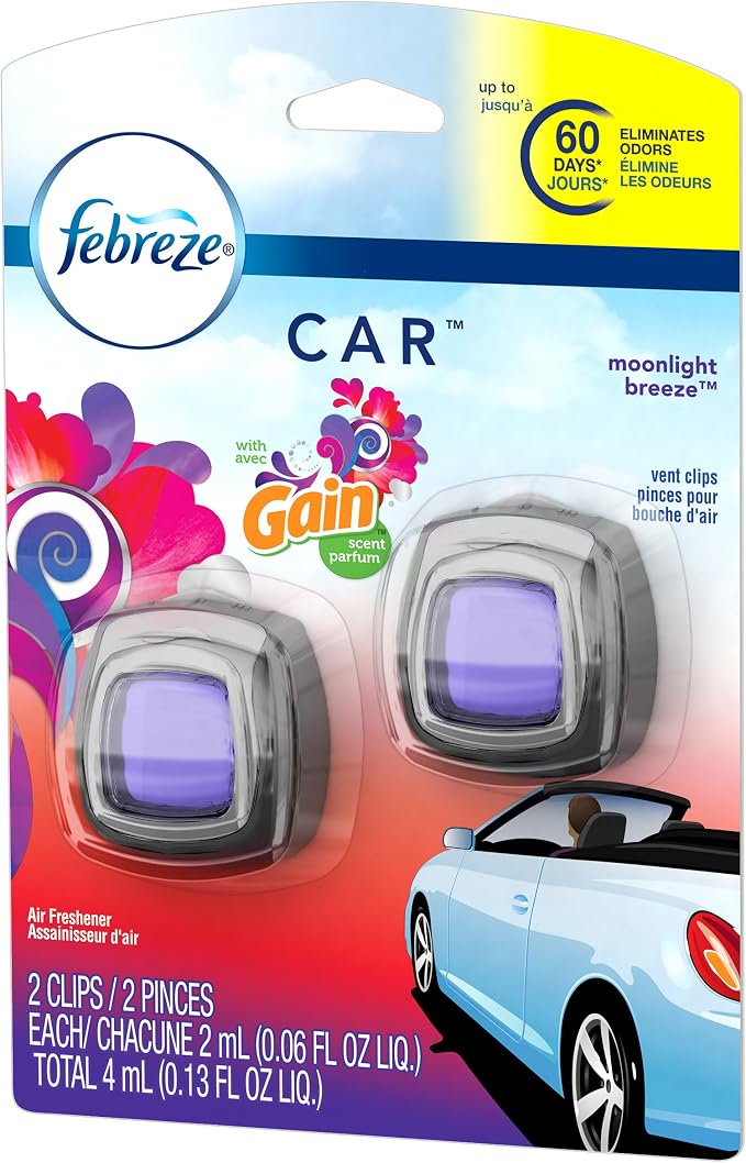 Car Odor-Eliminating Air Freshener Vent Clip with Gain Scent, Moonlight Breeze, 2 count