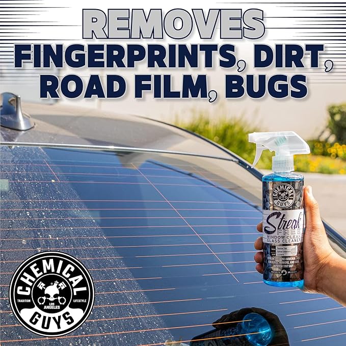 Streak Free Window Clean Auto Glass Cleaner Bundle with Waffle Weave Microfiber Towel, Ammonia Free Spray Safe for Tinted Windows, Mirrors, Touchscreens and Plastics, 16 fl oz