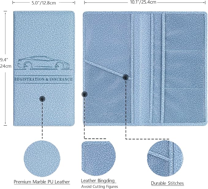 Car Registration and Insurance Card Holder, Vehicle License Document Glove Box Compartment Organizer, Essential Car Wallet Case for Driver Auto Owners (M Light Blue)
