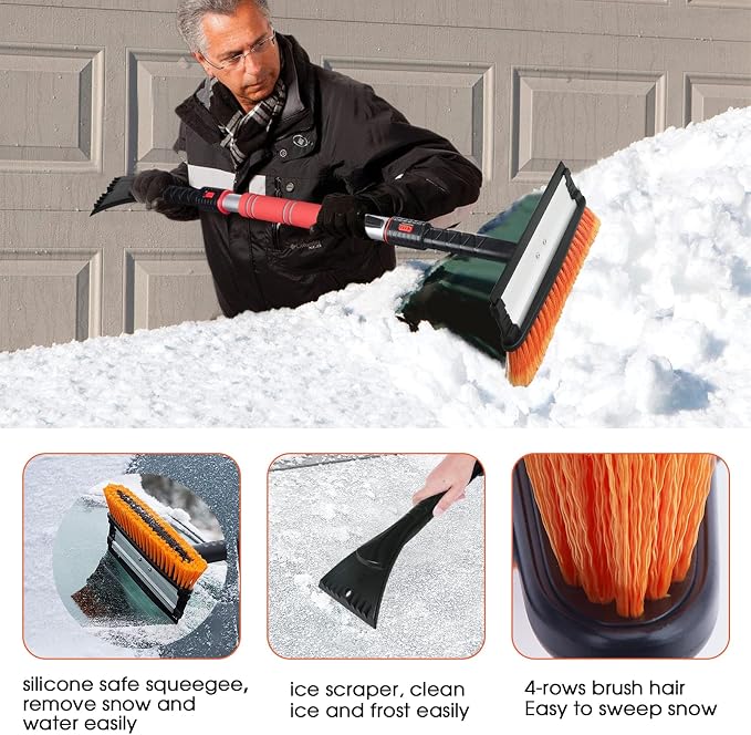 47.2" Extendable Ice Scraper Snow Brush with Squeegee for Windshield Window Car Trucks SUVs, 270° Pivoting Brush Head, Essential Winter Tool Ice Snow Remover with Comfortable Foam Grip