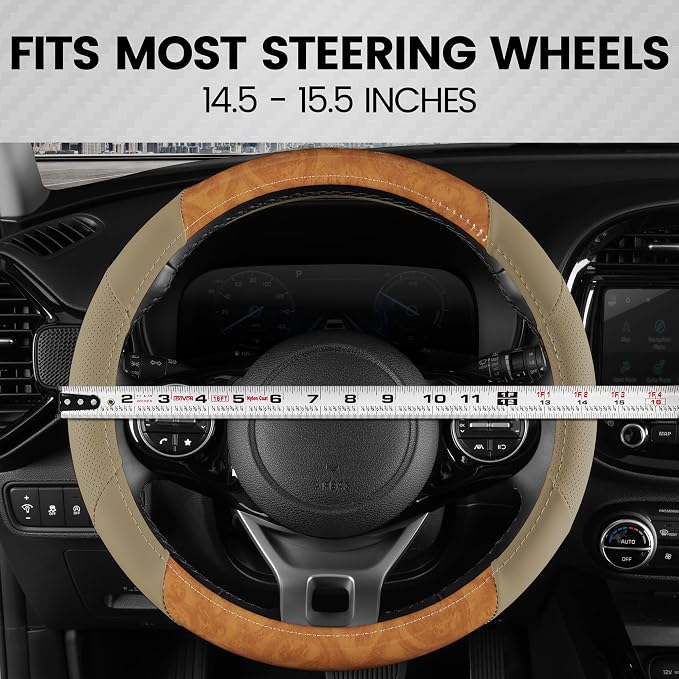 BurlwoodLux Wood Grain and PU Leather Beige Steering Wheel Cover - Sport Grip for Car Auto SUV Trucks