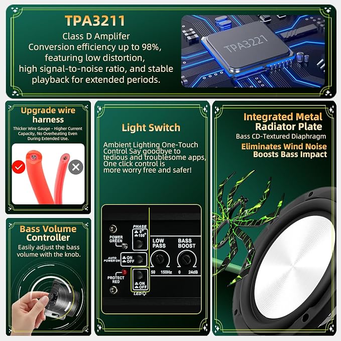 Upgraded 1600W Car Subwoofer, 10" Ultra-Thin Under-Seat Sub with Built-in Amplifier, (LPF/Gain/Bass Boost) LED Ambient Lights, Independent Bass Knob, Distortion-Free Deep Bass（Green）