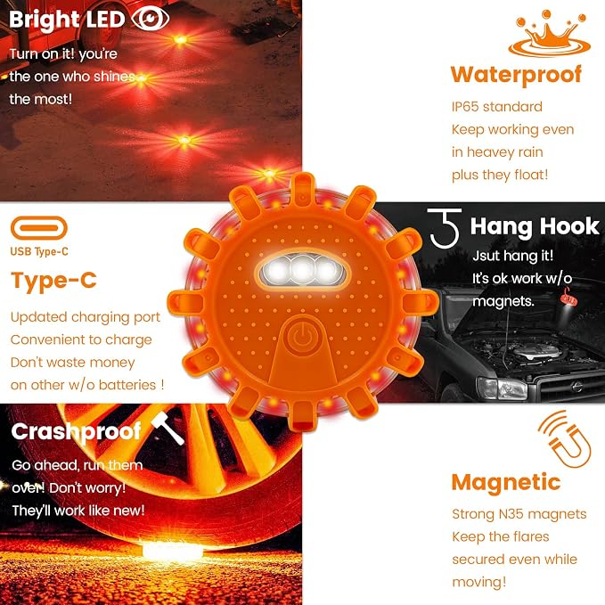 USB-C Rechargeable LED Road Flares Emergency Lights 3 in 1 Cable Roadside Warning Car Safety Beacon Flashing Disc Kit with Magnetic Base for Vehicles