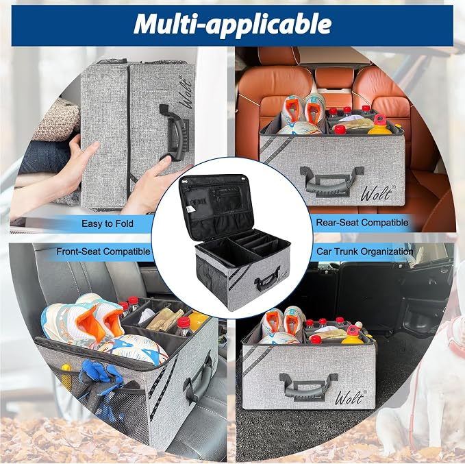 Car Trunk Organizer with Lid, Collapsible Multi Compartment SUV Organizer with Non-Slip Base Adjustable Straps