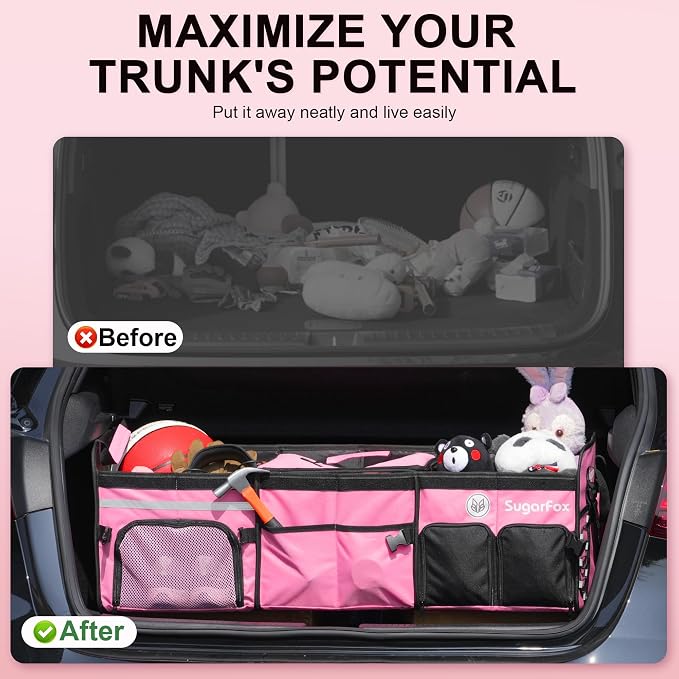 Bold Color Block Trunk Organizer | 95L, 35"x13.8"x11.8" | Dedicated Shoe Storage & 26L Ice Pack | Foldable for SUV/Car/Jeep | Stylish Gift & Car Accessories for Men & Women - Pink-X212