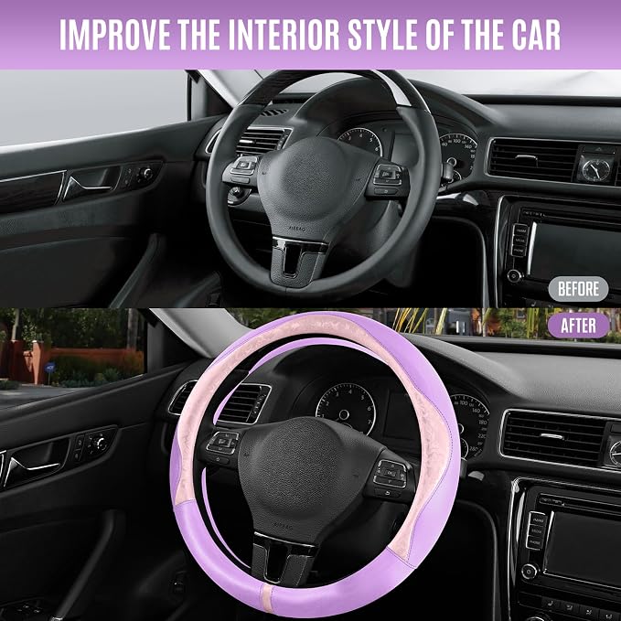 Steering Wheel Cover, Pink Patterned & Light Purple Leather Patchwork Design, Universal Fit 14.5"–15.5", Anti-Slip, Soft PU Grain Leather, Durable Grip Car Accessory for Girls & Women
