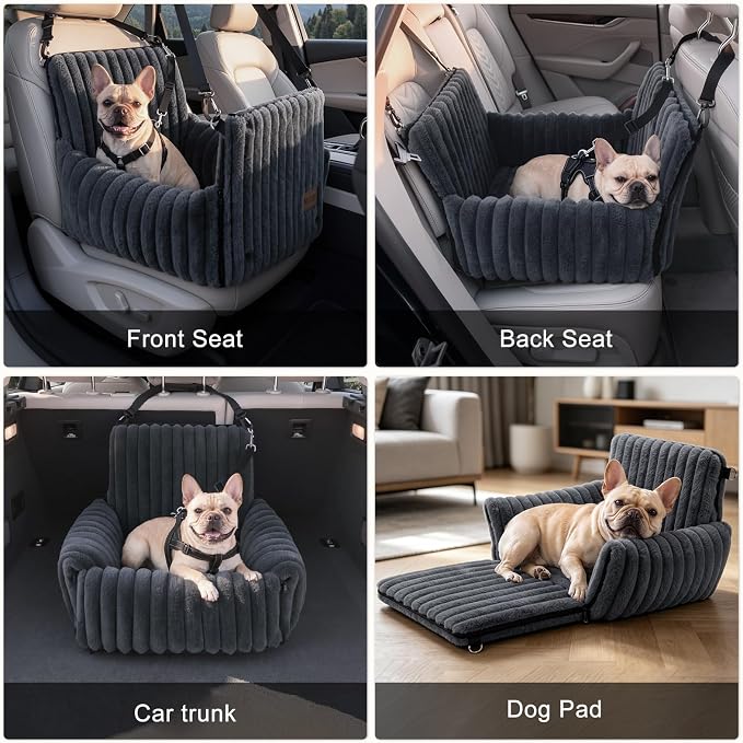 Dog Car Seat for Small/Medium Dogs up to 25 lbs, Multi-Functional Dog Carrier for Car with Detachable Washable Cover, Pet Travel Bed with Clip-On Safety Leash, Grey
