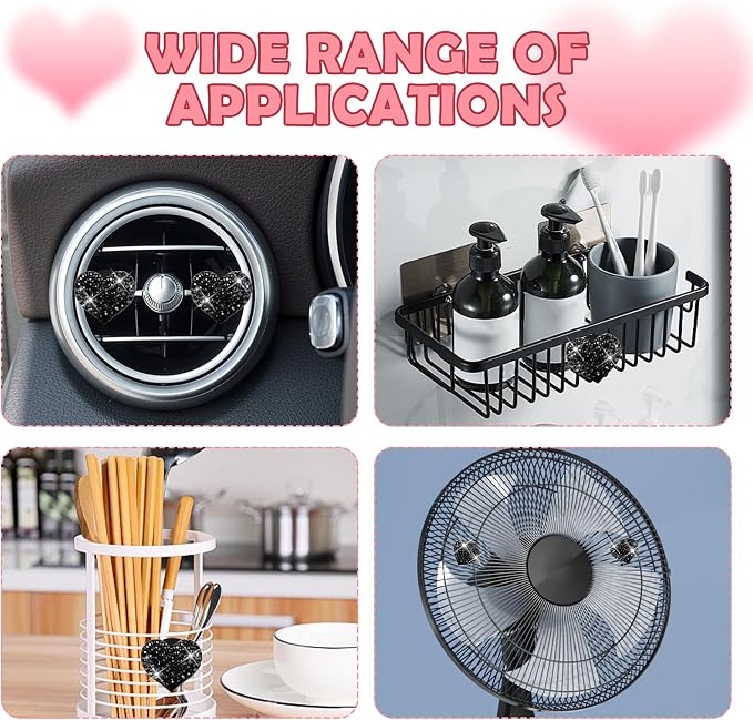 4PCS Heart-Shaped Car Vent Clips with Rhinestone,Bling Air Vent Clips Car Decorations,Premium Shiny Car Clips for Vents Accessories Interior (Black)