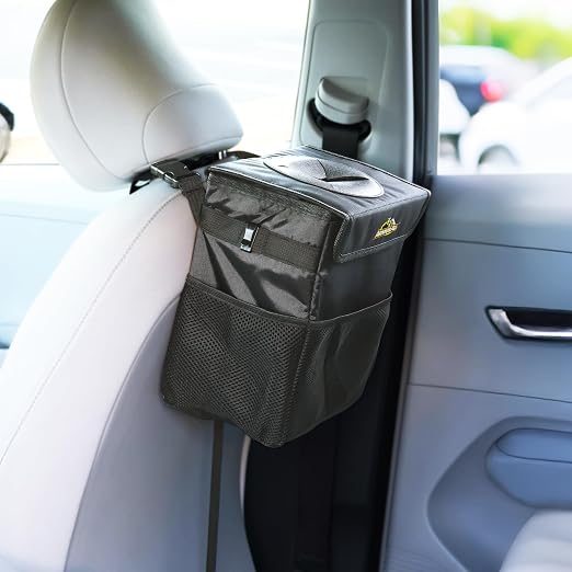 Car Trash Can & Organizer, 2.63 Gallon Waterproof Covered Garbage Bin, 3 Mesh Pockets, Collapsible for Easy Storage, Adjustable Strap & Hook for Backseat Hanging, 9.5” L x 6.25” D x 10.25” H